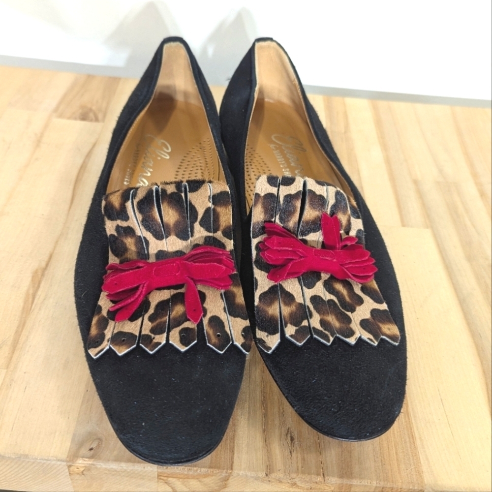 Eliana For Harry's Black Suede and Leopard Calf Hair Kilty Loafers 39 8.5 Italy